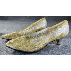 Thos Cort LTD Stanley Eisenman's Women’s Kitten Heels Gold Floral Clear Lace 9.5